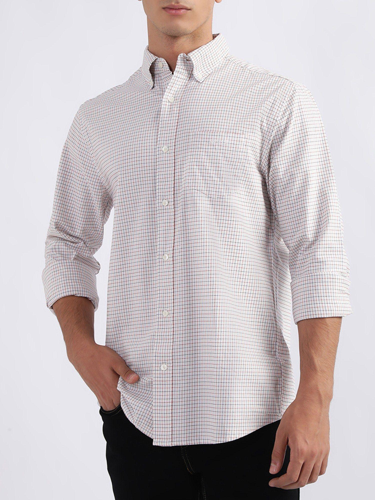 checked button-down collar casual shirt