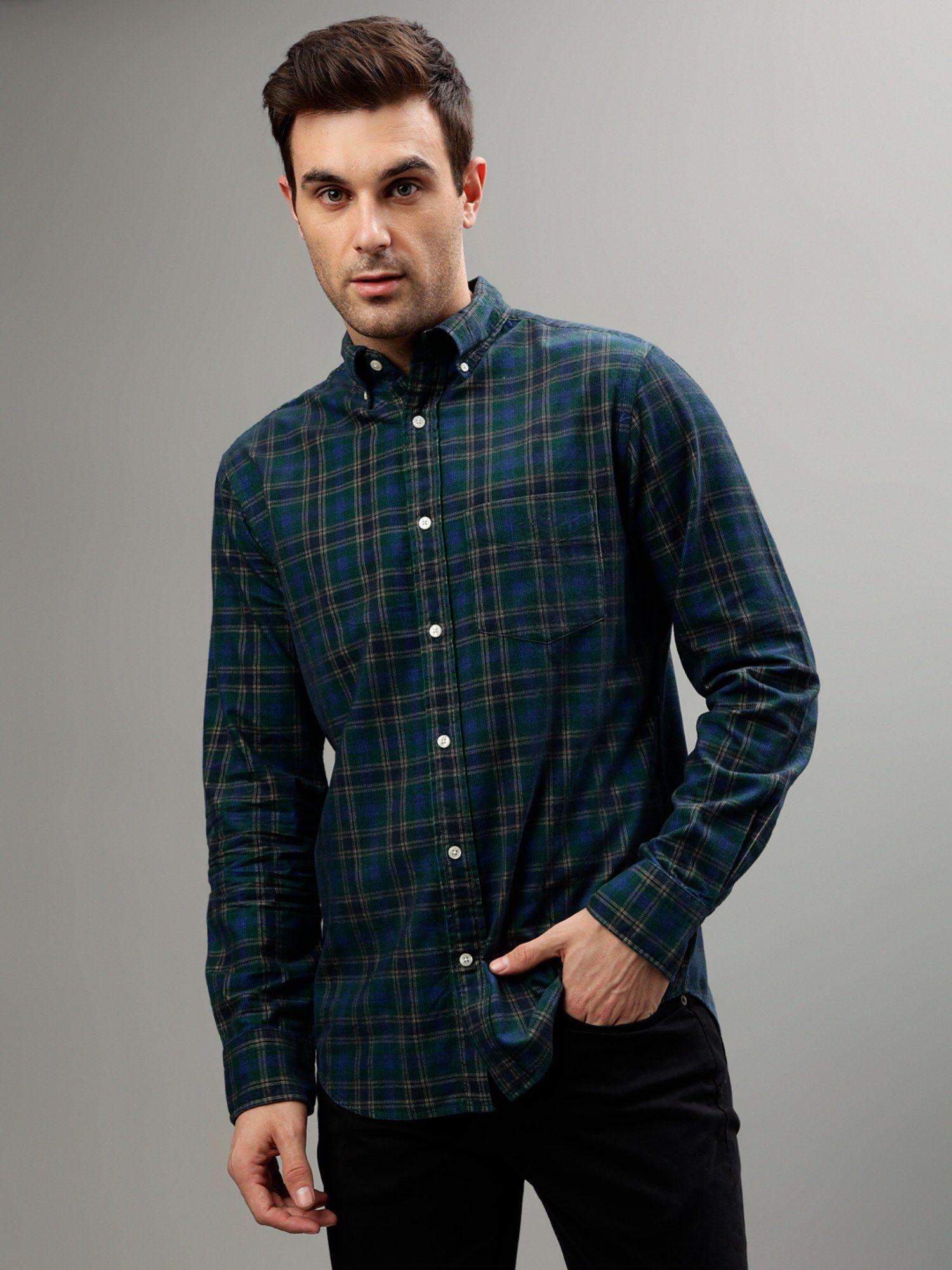 checked button down collar full sleeves pure cotton casual shirt