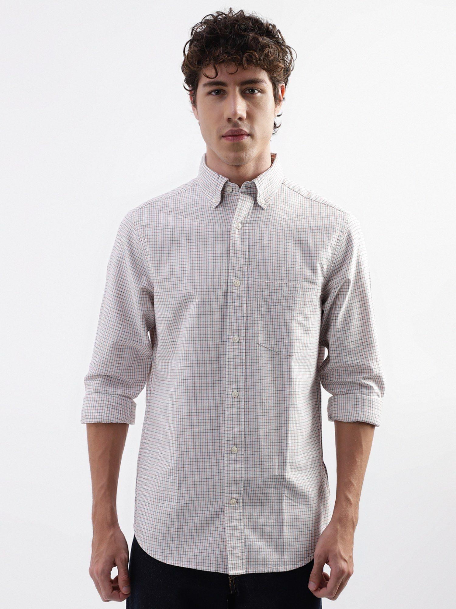 checked button-down collar pure cotton casual shirt