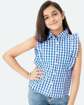 checked button-down top with frill detail