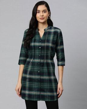 checked button-down tunic with back waist belt