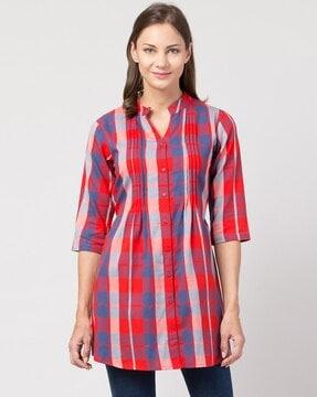 checked button-down tunic with pleats