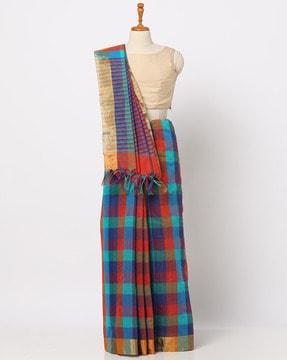 checked chanderi saree with tassels