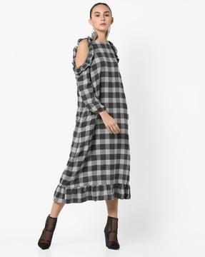 checked cold-shoulder dress with flounce hemline