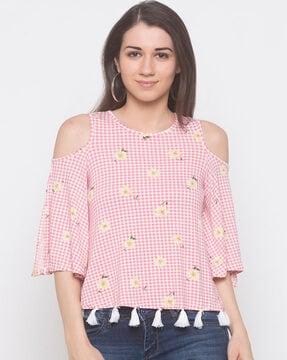 checked cold-shoulder top with tassels
