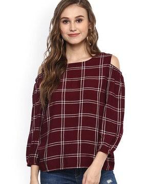 checked cold-shoulder top