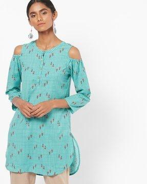 checked cold-shoulder tunic