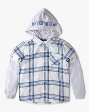 checked cotton hooded shirt