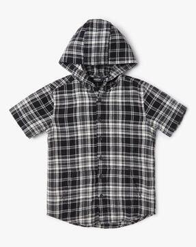 checked cotton hooded shirt