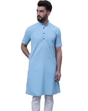 checked cotton kurta with patch pocket