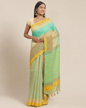 checked cotton saree with tassel