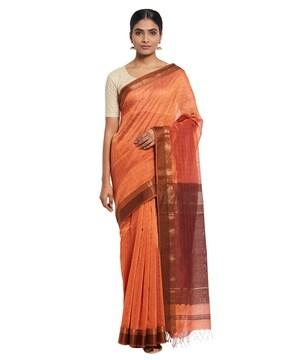 checked cotton saree with tassels