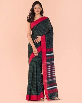 checked cotton saree with tassels