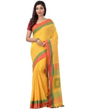 checked cotton saree with tassels