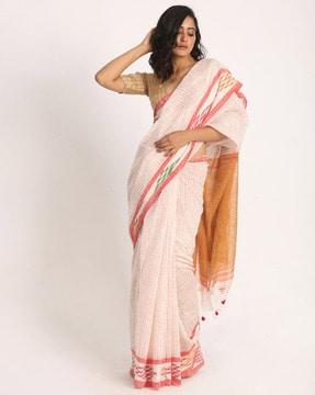 checked cotton saree with tassels