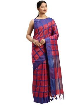 checked cotton saree with tassels