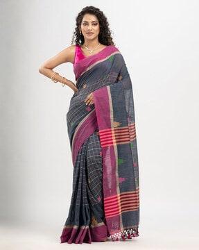 checked cotton saree with tassels