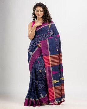 checked cotton saree with tassels