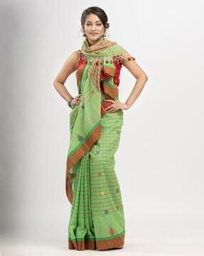 checked cotton saree with tassels