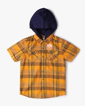 checked cotton shirt with removable hood
