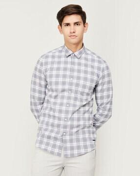 checked cotton shirt with spread collar