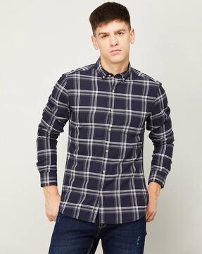 checked cotton shirt with spread collar