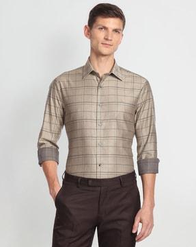 checked cotton shirt with spread collar