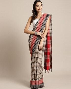 checked cotton silk saree with tassels