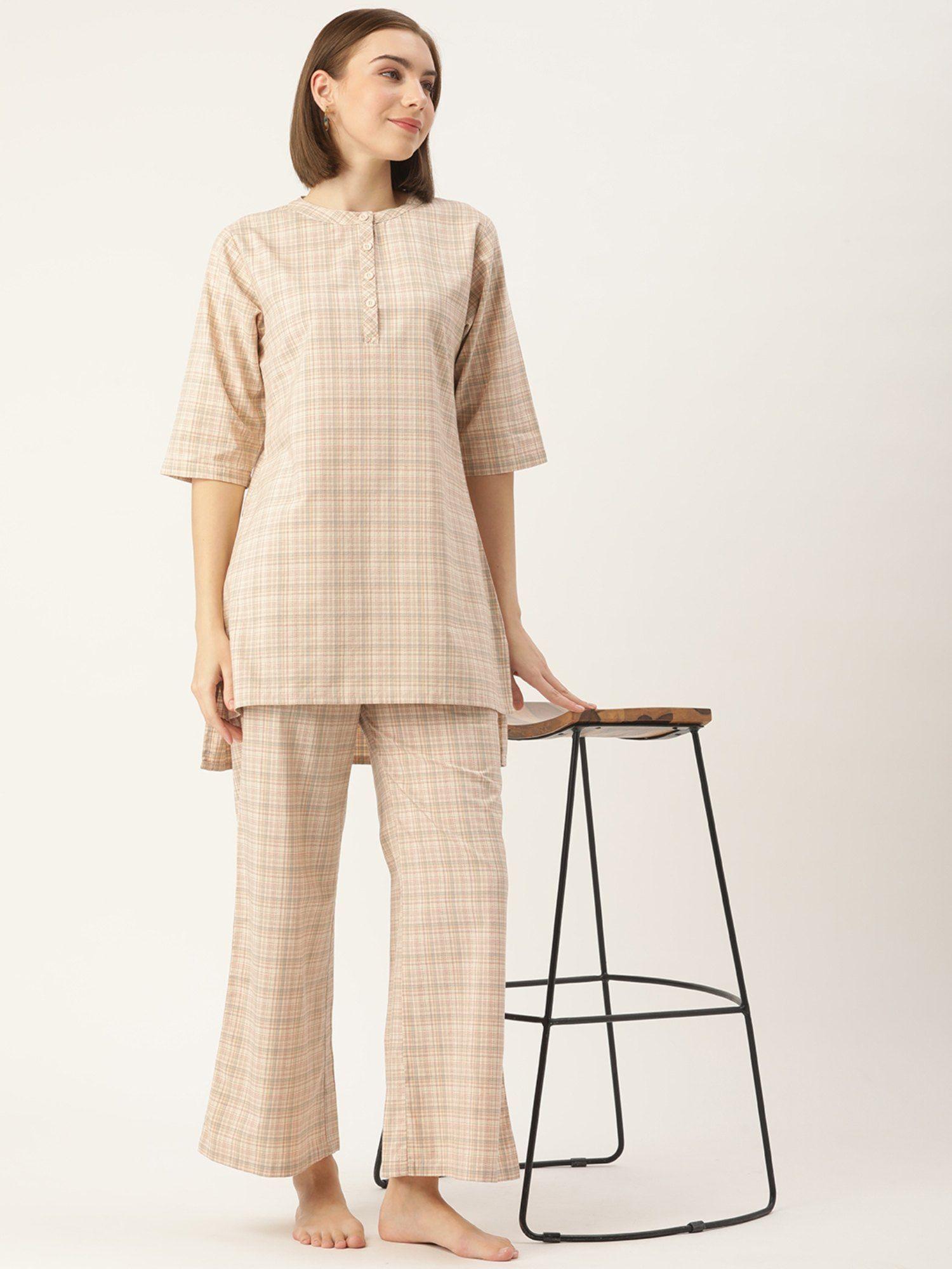 checked cream kurta & palazzo (set of 2)