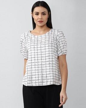 checked crew-neck top