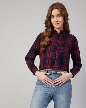 checked crop shirt with patch pocket