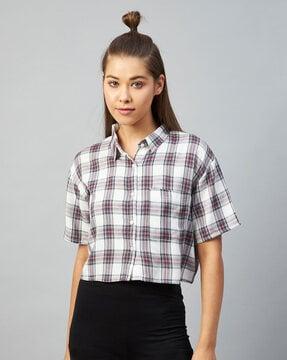 checked crop shirt with patch pocket