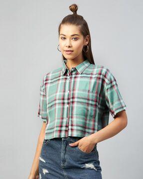 checked crop shirt with patch pocket