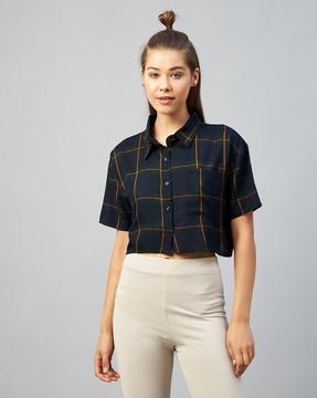 checked crop shirt with patch pocket