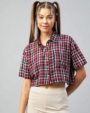 checked crop shirt with patch pocket