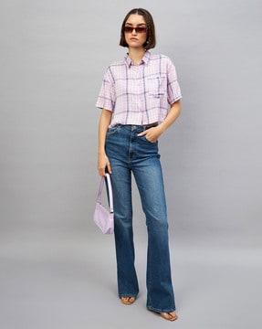 checked crop shirt with patch pocket