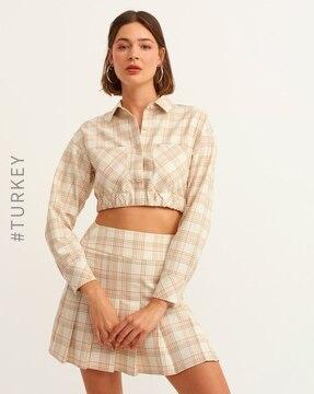 checked crop shirt with patch pockets