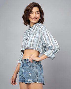 checked crop shirt with spread collar