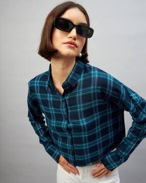 checked crop shirt with spread-collar