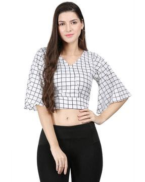 checked crop top with flared sleeves