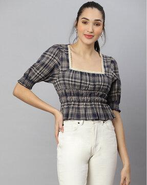 checked crop top with puff sleeves