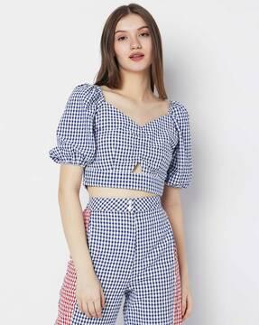 checked crop top with puff sleeves