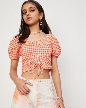checked crop top with ruched  detail