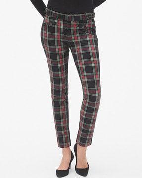 checked cropped skinny pants with buckle accent