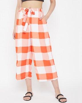 checked culottes with waist tie-up