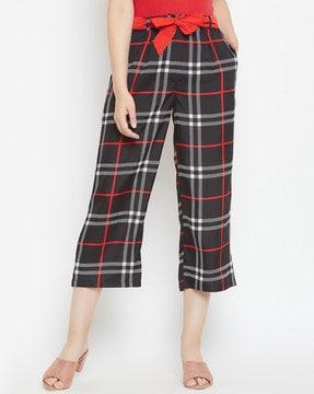 checked culottes with waist tie-up