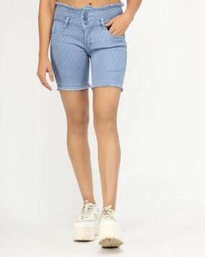 checked denim shorts with fringed hem