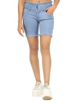 checked denim shorts with insert pockets