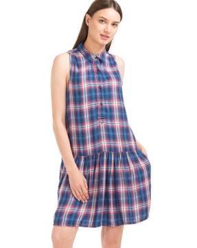 checked drop- waist shirt dress