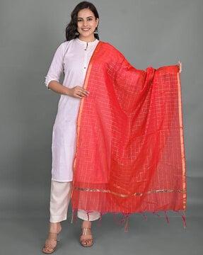 checked dupatta with tassels